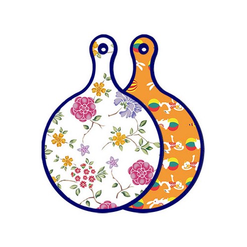 로엠디자인 블루 에디션 양면 원형 서빙 도마 보드 로맨틱레드floral화이트, 토끼2, 1개