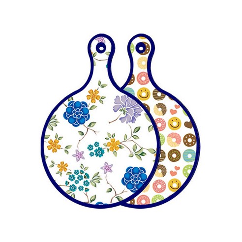 로엠디자인 블루 에디션 양면 원형 서빙 도마 보드 로맨틱블루floral화이트, 도넛, 1개
