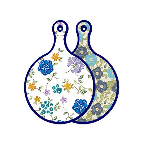 로엠디자인 블루 에디션 양면 원형 서빙 도마 보드 로맨틱블루floral화이트, 플라워자황색, 1개