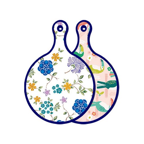 로엠디자인 블루 에디션 양면 원형 서빙 도마 보드 로맨틱블루floral화이트, 구관조핑크, 1개
