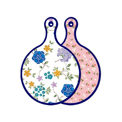 로엠디자인 블루 에디션 양면 원형 서빙 도마 보드 로맨틱블루floral화이트, 주홍색체리, 1개