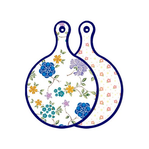 로엠디자인 블루 에디션 양면 원형 서빙 도마 보드 로맨틱블루floral화이트, 훈색나팔꽃화이트, 1개