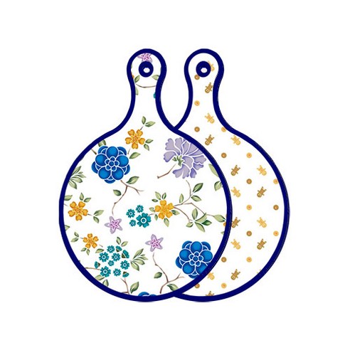 로엠디자인 블루 에디션 양면 원형 서빙 도마 보드 로맨틱블루floral화이트, 쿠키, 1개