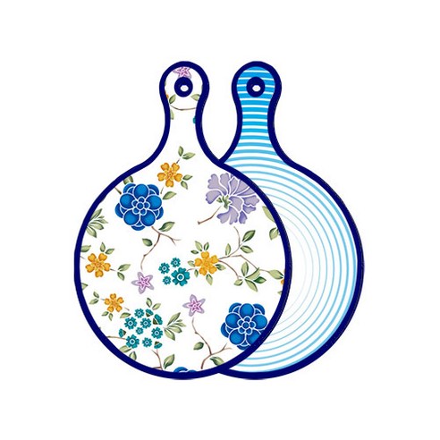 로엠디자인 블루 에디션 양면 원형 서빙 도마 보드 로맨틱블루floral화이트, 피쉬라인블루, 1개