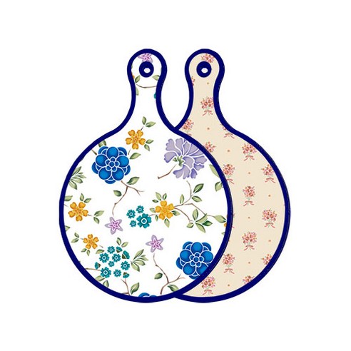로엠디자인 블루 에디션 양면 원형 서빙 도마 보드 로맨틱블루floral화이트, 담황색꽃다발, 1개
