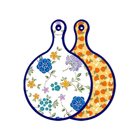 로엠디자인 블루 에디션 양면 원형 서빙 도마 보드 로맨틱블루floral화이트, 오렌지복숭아, 1개