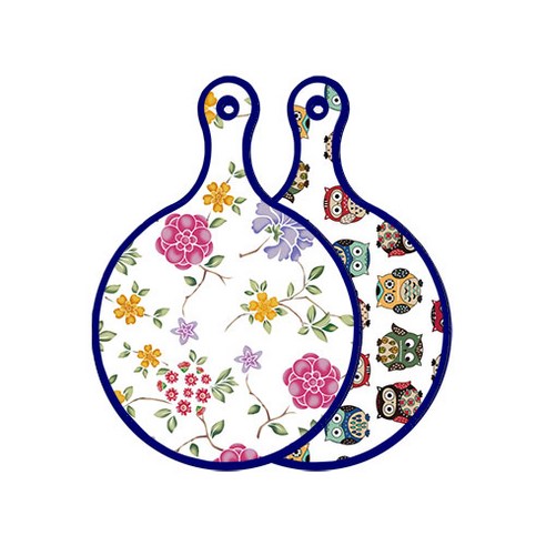 로엠디자인 블루 에디션 양면 원형 서빙 도마 보드 로맨틱레드floral화이트, Cute부엉이, 1개