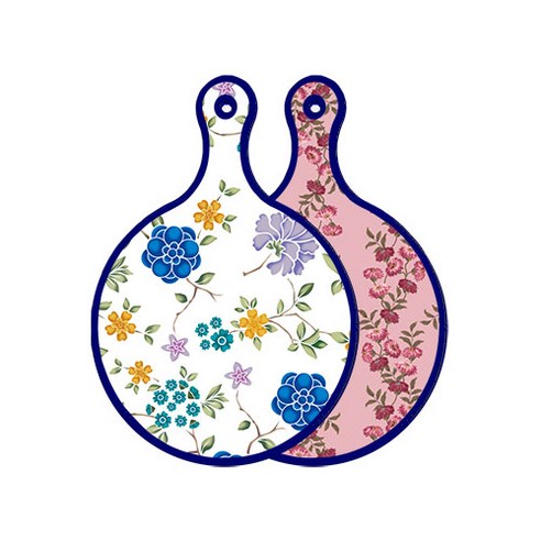 로엠디자인 블루 에디션 양면 원형 서빙 도마 보드 로맨틱블루floral화이트, 체리플라워, 1개