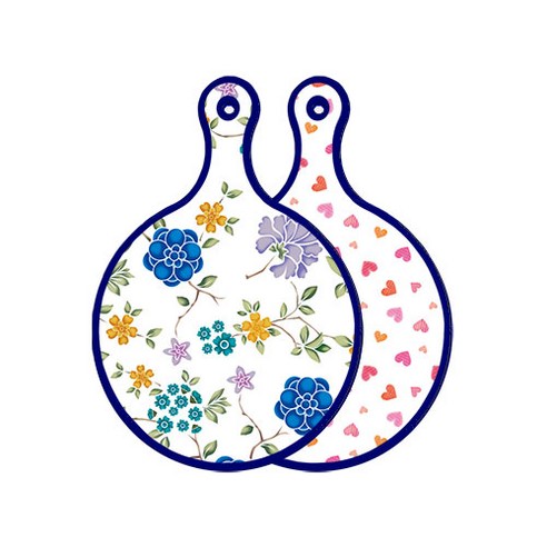로엠디자인 블루 에디션 양면 원형 서빙 도마 보드 로맨틱블루floral화이트, 연분홍색러브, 1개