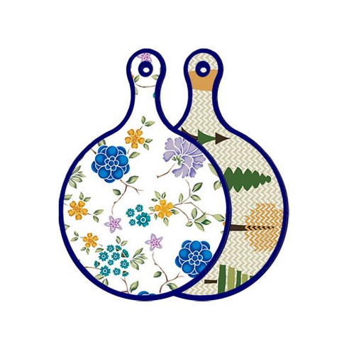 로엠디자인 블루 에디션 양면 원형 서빙 도마 보드 로맨틱블루floral화이트, 숲패턴1, 1개