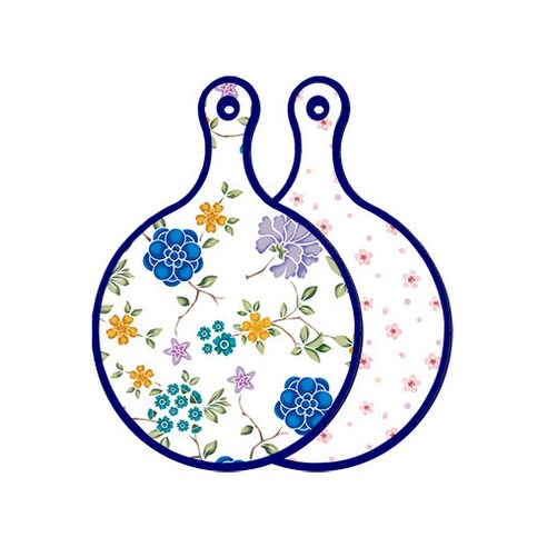로엠디자인 블루 에디션 양면 원형 서빙 도마 보드 로맨틱블루floral화이트, 연분홍나팔꽃, 1개