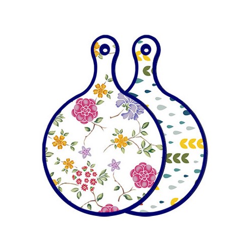 로엠디자인 블루 에디션 양면 원형 서빙 도마 보드 로맨틱레드floral화이트, 빗물과새싹패턴, 1개
