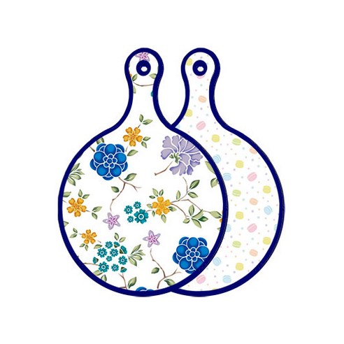 로엠디자인 블루 에디션 양면 원형 서빙 도마 보드 로맨틱블루floral화이트, 마카롱, 1개