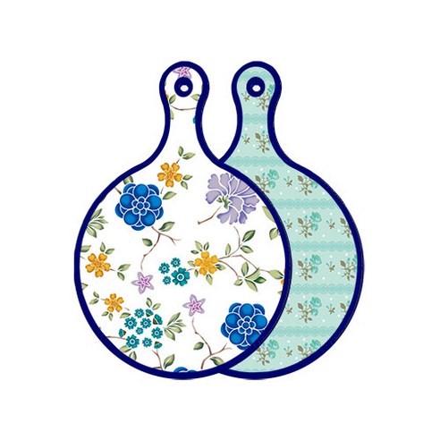 로엠디자인 블루 에디션 양면 원형 서빙 도마 보드 로맨틱블루floral화이트, 옥색로즈, 1개