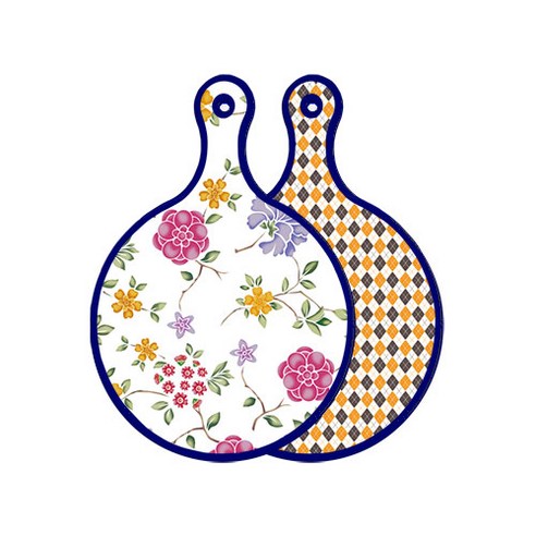 로엠디자인 블루 에디션 양면 원형 서빙 도마 보드 로맨틱레드floral화이트, 잉글랜드행황색체크, 1개