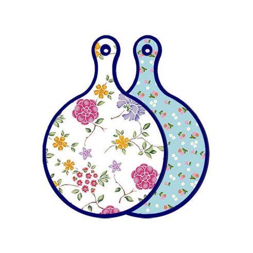 로엠디자인 블루 에디션 양면 원형 서빙 도마 보드 로맨틱레드floral화이트, 천청색체리, 1개