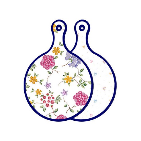 로엠디자인 블루 에디션 양면 원형 서빙 도마 보드 로맨틱레드floral화이트, 라인하트, 1개