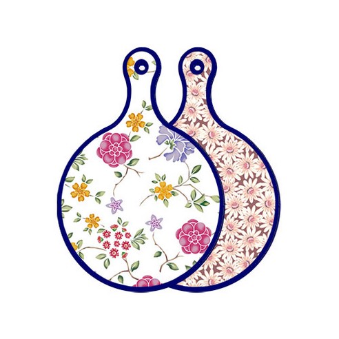 로엠디자인 블루 에디션 양면 원형 서빙 도마 보드 로맨틱레드floral화이트, 자색플라워패턴, 1개