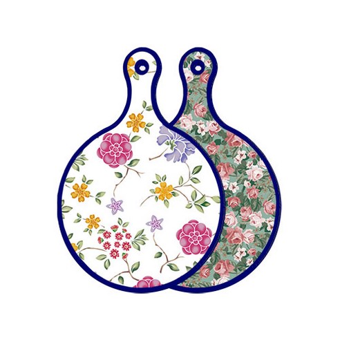 로엠디자인 블루 에디션 양면 원형 서빙 도마 보드 로맨틱레드floral화이트, 흑록색가든플라워, 1개