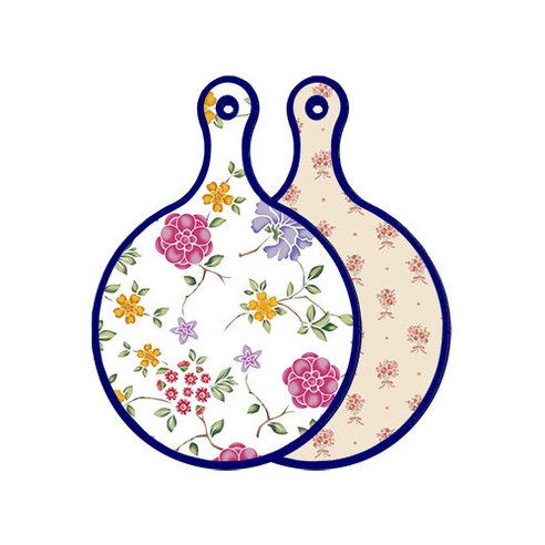 로엠디자인 블루 에디션 양면 원형 서빙 도마 보드 로맨틱레드floral화이트, 담황색꽃다발, 1개