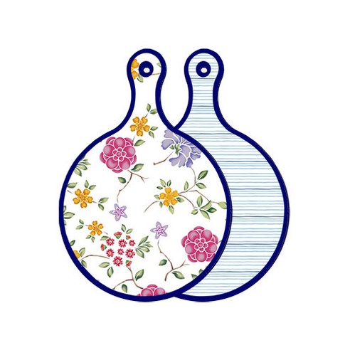 로엠디자인 블루 에디션 양면 원형 서빙 도마 보드 로맨틱레드floral화이트, 삼청색라인, 1개