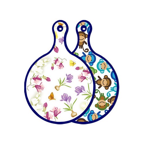 로엠디자인 블루에디션 양면 디자인 원형 서빙도마 로맨틱청자색floral, 원숭이, 1개