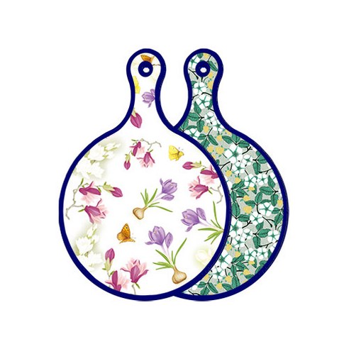 로엠디자인 블루 에디션 양면 원형 서빙 도마 보드 로맨틱청자색floral, 플라워회색, 1개