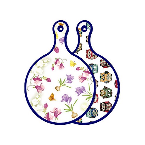 로엠디자인 블루에디션 양면 디자인 원형 서빙도마 로맨틱청자색floral, Cute부엉이, 1개