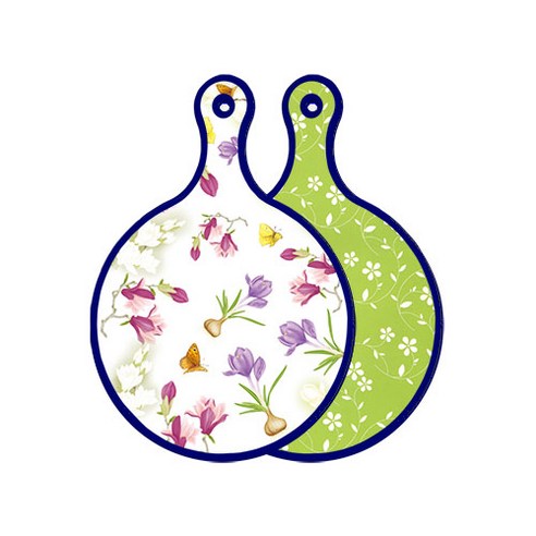로엠디자인 블루에디션 양면 디자인 원형 서빙도마 로맨틱청자색floral, 라인플라워-그린, 1개