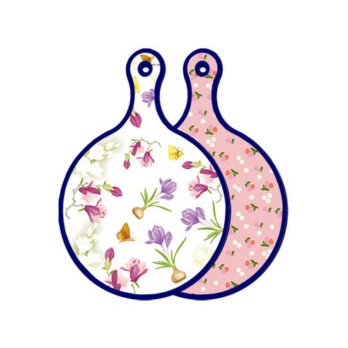 로엠디자인 블루에디션 양면 디자인 원형 서빙도마 로맨틱청자색floral, 주홍색체리, 1개