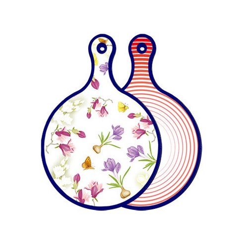 로엠디자인 블루 에디션 양면 원형 서빙 도마 보드 로맨틱청자색floral, 고기라인레드, 1개