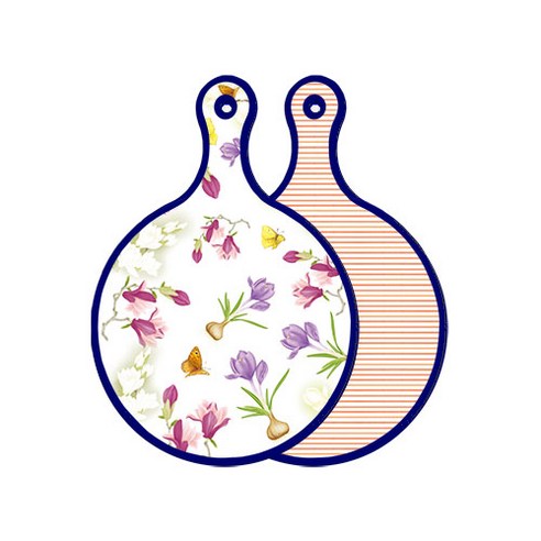 로엠디자인 블루 에디션 양면 원형 서빙 도마 보드 로맨틱청자색floral, 주홍라인, 1개