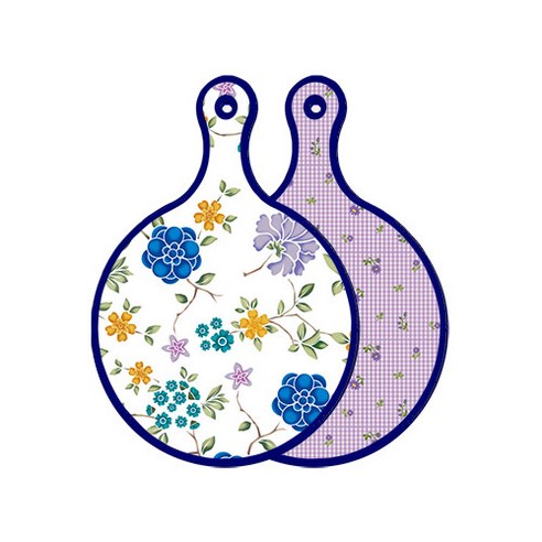 로엠디자인 블루에디션 양면 원형 서빙 도마 로맨틱블루floral화이트, 보라플라워체크, 1개