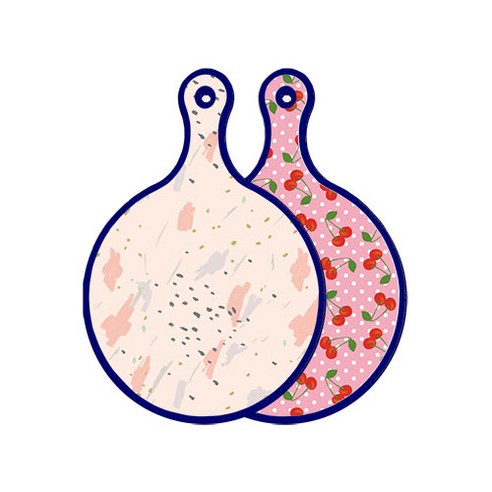 로엠디자인 블루에디션 양면 원형 서빙 도마 패턴자국, 핑크체리, 1개