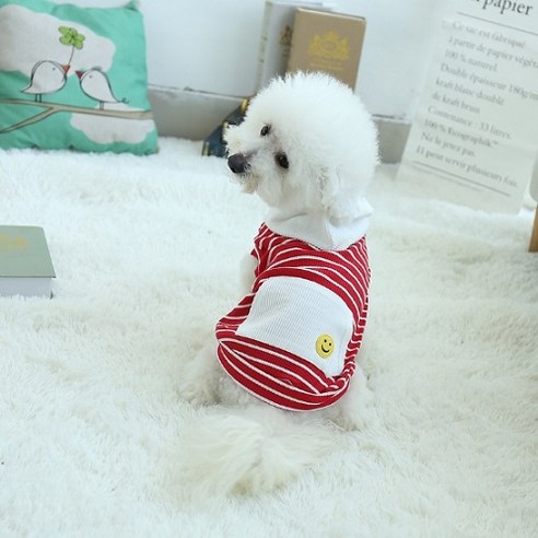 까망코 스마일 스트라이프 반려견 티셔츠, 레드, 1개