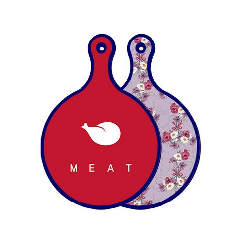 로엠디자인 블루에디션 양면 원형 서빙 도마 미트레드, 벽람색플라워, 1개