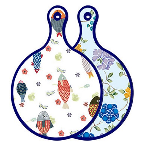 로엠디자인 블루에디션 양면 원형 서빙 도마 물고기패턴, 로맨틱블루floral비색, 1개