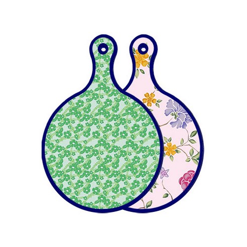 로엠디자인 블루에디션 양면 원형 서빙도마 보드 그린봉선화, 로맨틱레드floral연분홍색, 1개