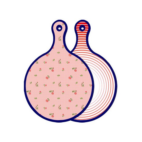 로엠디자인 블루에디션 양면 디자인 원형 서빙도마 핑크플라워체크, 고기라인레드, 1개