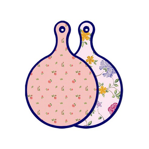 로엠디자인 블루에디션 양면 원형 서빙 도마 핑크플라워체크, 로맨틱레드floral연분홍색, 1개