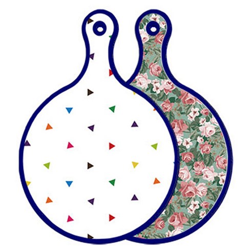 로엠디자인 블루에디션 양면 원형 서빙 도마 세모점, 흑록색가든플라워, 1개