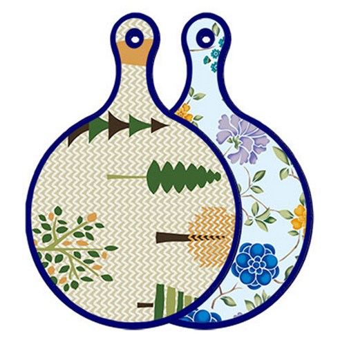 로엠디자인 블루에디션 양면 원형 서빙 도마 숲패턴1, 로맨틱블루floral비색, 1개