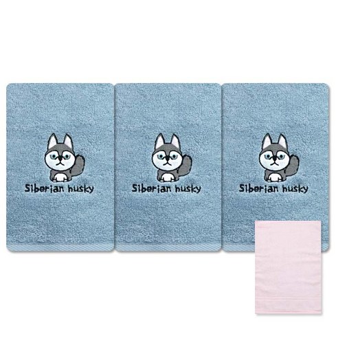 송월타월 큐티퍼피 수건 3p + 칼라행주 분홍, 시베리안허스키(파랑), 1세트
