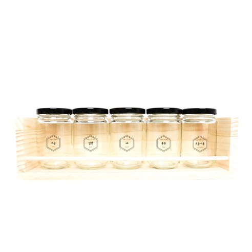 핸드팩토리 양념통 원형 스몰 5p + 1단 양념통 우드선반 + 허니컴 라벨, 1세트, 양념통 블랙캡 + 우드선반 대 + 라벨 24종