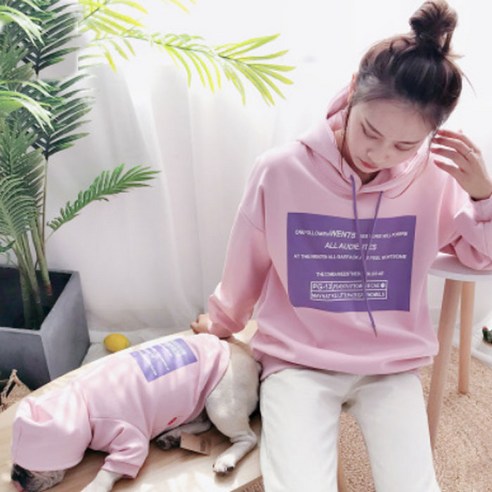 지와이에이펫 S&H 기모 프린팅 후드 반려견 견주 커플옷, 라이트 핑크, 엘로 2XL