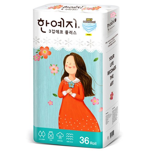 한예지 3겹데코 천연펄프 롤화장지 27m, 36롤, 1팩