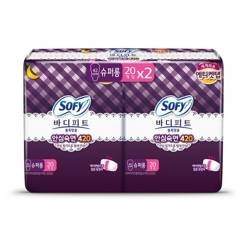쏘피 바디피트 볼록맞춤 슈퍼롱 오버나이트 생리대 날개형, 20개입, 2팩