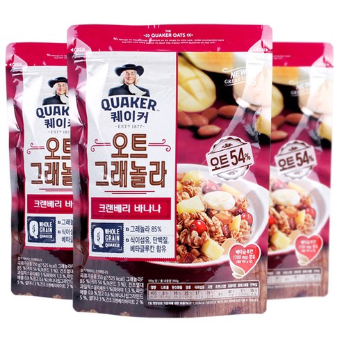 롯데제과 퀘이커 오트 그래놀라 시리얼 크랜베리바나나, 350g, 3개입