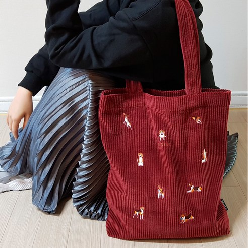 옥스타 비글 강아지 자수 코듀로이 골덴 에코백