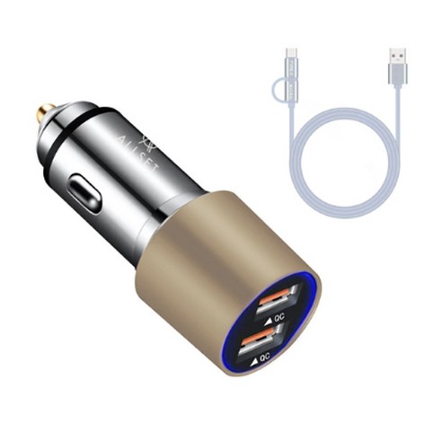 올셋 퀵차지 3.0 듀얼 차량용 고속 충전기 + 5핀 C타입 USB케이블, allset-2, 골드